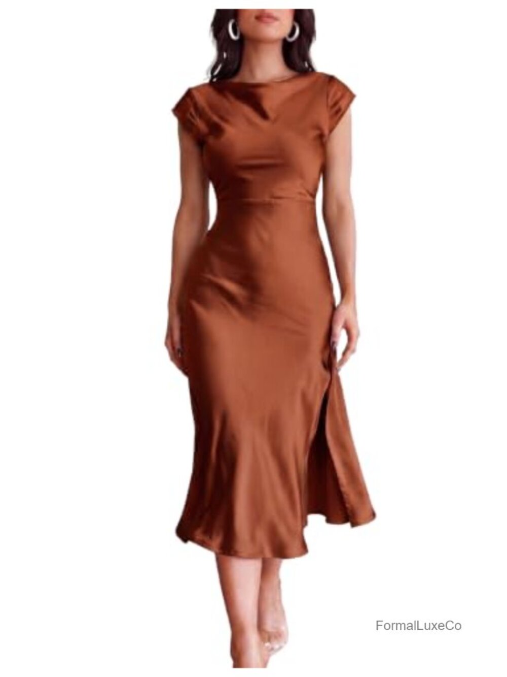 Satin Midi Dress Twist Back Cutout Formal Wedding Guest Cocktail Cap Sleeve